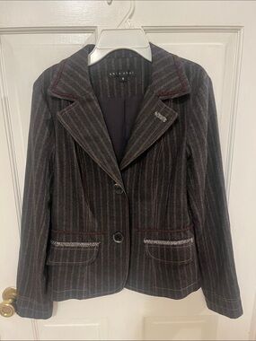 Shin Choi Women's Dark Charcoal Pinstripe Blazer with Brown Accent